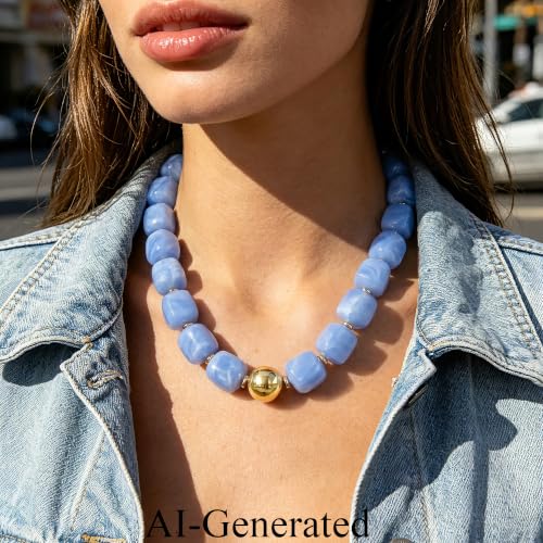 Ritach Chunky Beaded Necklaces for Women - Colorful Large Square Acrylic Beaded Necklace Boho Chunky Necklace Adjustable Statement Choker Necklace for Women Waterproof Summer Beach Jewelry Gifts - color: Sky Blue