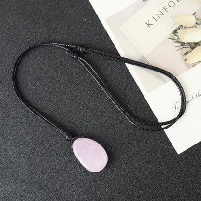 Natural Gemstone Pendant Necklace Healing Crystal Stone Choker Necklace Adjustable Waxed Black Rope for Men - color: Rose Quartz