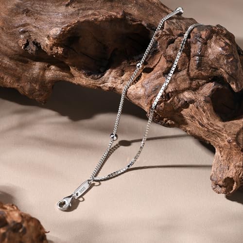 Solid 925 Sterling Silver Bracelets for Women, Dainty Interlocking Circles Cubic Zirconia Adjustable Chain Bracelet, Trendy Stackable Link Bracelets, Simple Cute Jewelry Gifts - color: Silver Beaded Box Chain