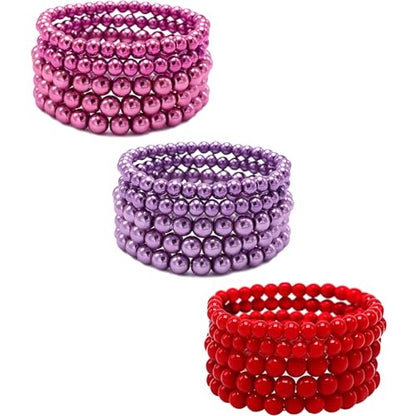 Faux Pearl Beaded Bracelets for Women Ladies Elastic Stretch Bracelet Stackable Jewelry Set Pulsera Para Mujer 5 pcs Size 6-8 MM - color: Pink