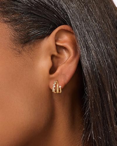 Gold Earrings for Women, Dainty Triple Huggie Earrings 14K Gold Plated Small Hoop Earrings for Women Trendy Cute Hypoallergenic Stud Earrings Unique Double Hoops Waterproof Womens Jewelry Gifts - color: gold plated-D