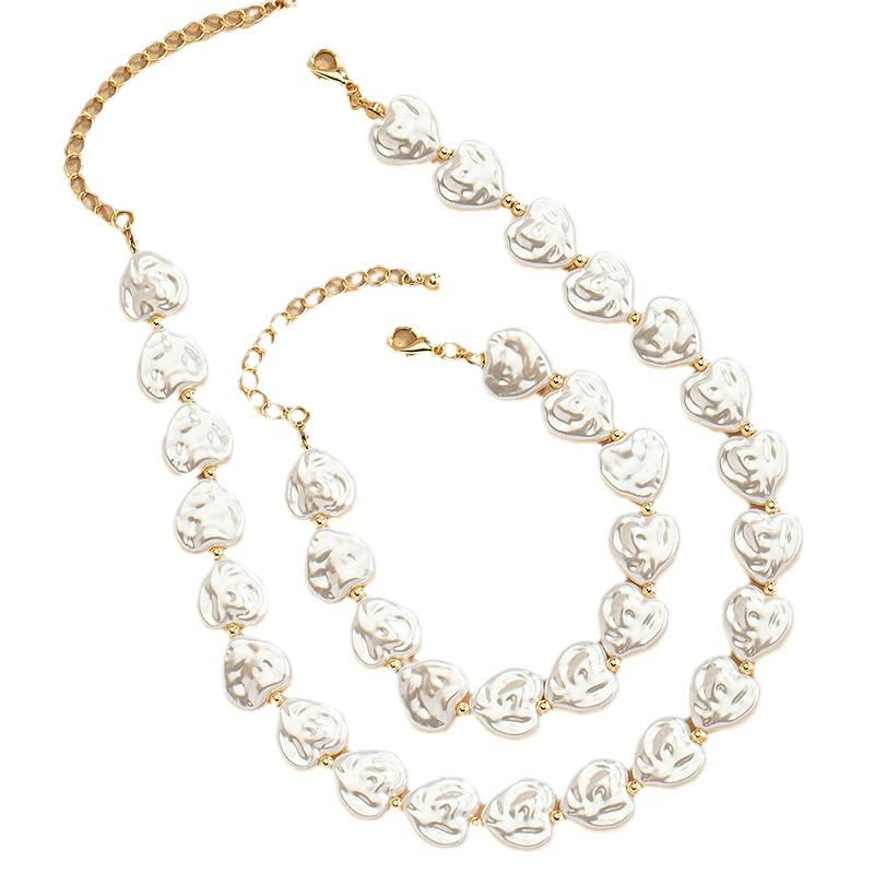 Wedding Pearl Jewelry Set for Women Classic Necklace and Earrings Faux Pearls Bridesmaid Gift wedding bride trendy fashion jewelry fall fashion - color: B-Imitation pearl peach heart collarbone chain set