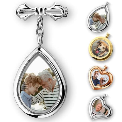 Personalized Photo Wedding Bouquet Charm, Double Sided Round Glass Photo Locket Pendant Pin Brooch, Handmade Memorial Picture Frame Bridal Shower Gift For Bride & Groom - color: Teardrop - Silver