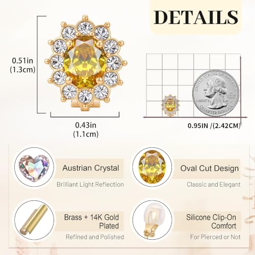 EVEVIC Oval Austrian Crystal Halo Clip On Earrings for Women | Oval Austrian Crystal with Zircon Halo,14K Gold-Plated,Silicone Comfort Pad,Gift Box Included,For Daily and Evening Events - color: Citrine