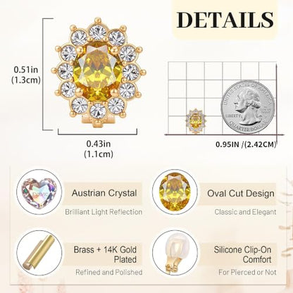 EVEVIC Oval Austrian Crystal Halo Clip On Earrings for Women | Oval Austrian Crystal with Zircon Halo,14K Gold-Plated,Silicone Comfort Pad,Gift Box Included,For Daily and Evening Events - color: Citrine