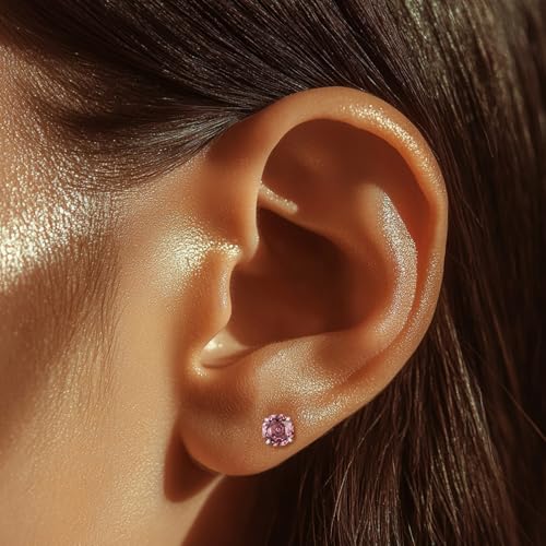 Zircon Flat Back Screw Hypoallergenic Surgical Steel Stud Earrings - color: Rosy Pink, size: 1ct - 0.24 Inch (6mm)