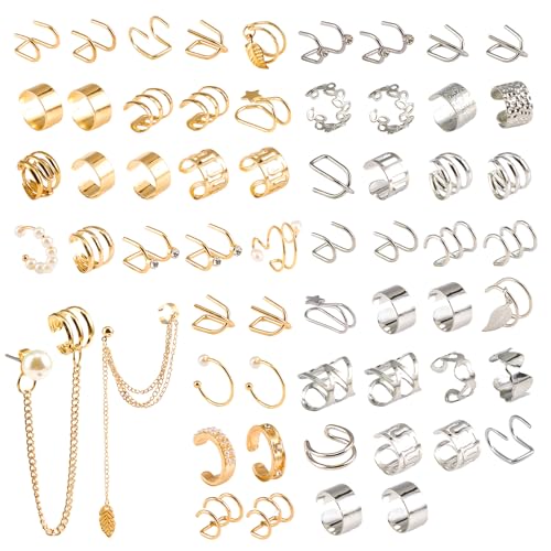 60 Pcs Ear Cuff Earrings for Women Non Piercing Helix Cartilage Silver Gold Plated Clip on Earrings Ear Wrap Earring for Sensitive Ears Women Men Fake Earring Set