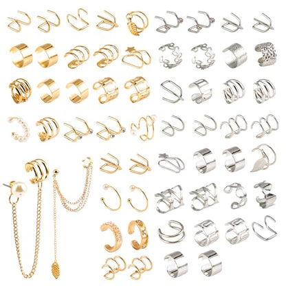 60 Pcs Ear Cuff Earrings for Women Non Piercing Helix Cartilage Silver Gold Plated Clip on Earrings Ear Wrap Earring for Sensitive Ears Women Men Fake Earring Set