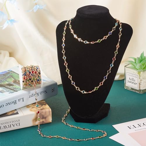PH PandaHall Pandahall 16.4 Feet Rhinestone Jewelry Chains Colorful Glass Crystal Chains Gold Plated Brass Chains Handmade Flat Round Link Chains for Bracelet Necklace Jewelry Making