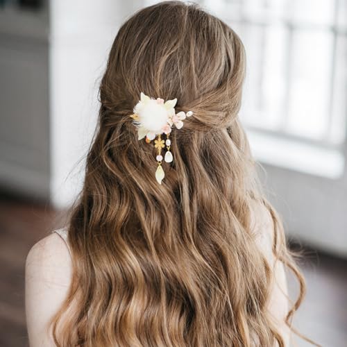 A Pair Wedding Hair Clips, Handmade Floral Design Crystal Hair Clips Pearl Barrettes, Rhinestones Flower Clips Pearl Headpieces Hair Pins Hair Accessories for Women Girls (White&Light Green) - color: White&Light Green