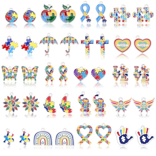 MARFOREVER 40 Pcs/20 Pairs Autism Awareness Charms for Jewelry Making | Autism Charm for Jewelry Making, Autism Alloy Puzzle Pendants, Bracelet Necklace Earrings, Autism Awareness Stuff Accessories - style: Autism Awareness
