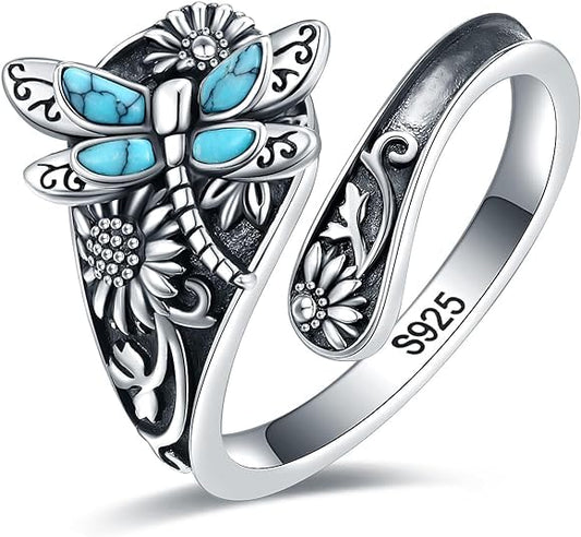 S925-Sterling-Silver Abalone Dragonfly-Turquoise Spoon Ring - Vintage Boho Sunflower Thumb Oxidized Wrap Rings Victorian Style Antique Floral Jewelry Gifts for Women - color: Dragonfly Ring 8#9#10#
