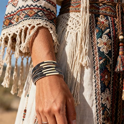 Wrapped Bracelets for Women,Leather Boho Bracelets for Women - color: Leather-Black