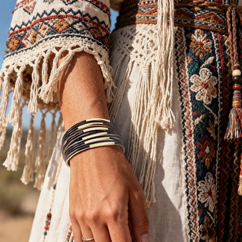 Wrapped Bracelets for Women,Leather Boho Bracelets for Women - color: Leather-Black
