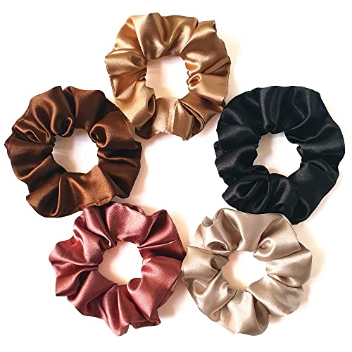 SILVR BEAR Luxury Satin Scrunchies, Satin Hair Ties for Thick & Curly Hair, Brown Scrunchies for Women and Girls, Softer than Silk Hair Ties (Earthy Shades) - color: Earthy Shades