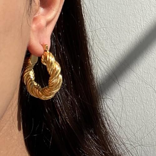 Chunky Gold Hoop Earrings for Women 14k Gold Plated Thick Triple Earrings | Hypoallergenic Trendy Chunky Gold Hoops Earrings,Dainty Jewelry Gifts for Women - style: Gold Braided Hoop Earring