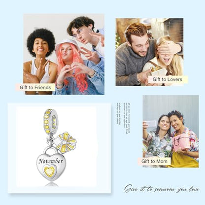Love Heart Birthstone Dangle Charms Compatible with Pandora Bracelets | 925 Sterling Silver 5A Cubic Zirconia Mother's Day Christmas Birthday Birthstone Gifts Bead Charm Pendants Women Jewelry - color: November Dangle Birthstone Charms