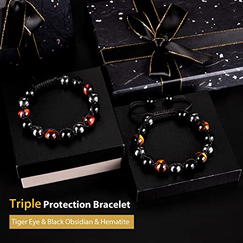 SAMXY Triple Protection Bracelet, 8mm Healing Crystal Bead Bracelet, 3pcs Blue Red Tiger's Eye Obsidian Hematite Bracelet Women Men - color: 2Pcs-10mm