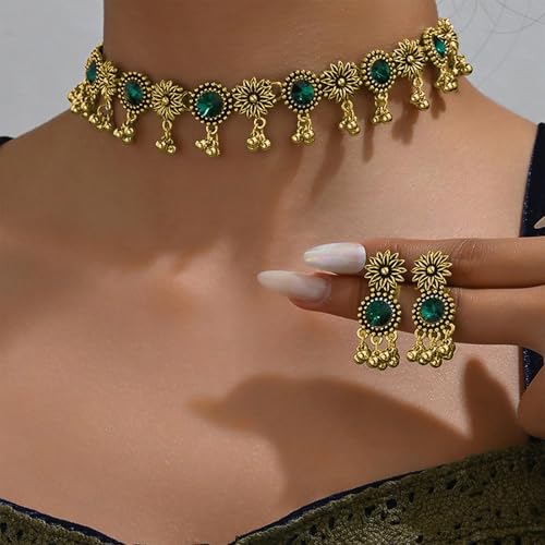 Frodete Indian Jewelry Sets for Women Traditional Bohemian Wedding Jewelry Set Indian Dresses for Women Oxidized Ethnic Party Prom Wear - color: A2:green indian necklace earring sets