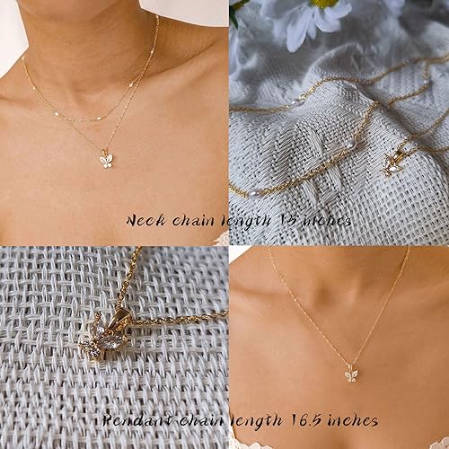 Dainty Choker Necklace for Women 18K Gold Plated Shining Dots Box Chain Sparkle Necklaces Cute Paperclip Link Herringbone Necklace Exquisite Jewelry Gifts for Mom Girlfriend - style: Z/Layered Pearl Butterfly