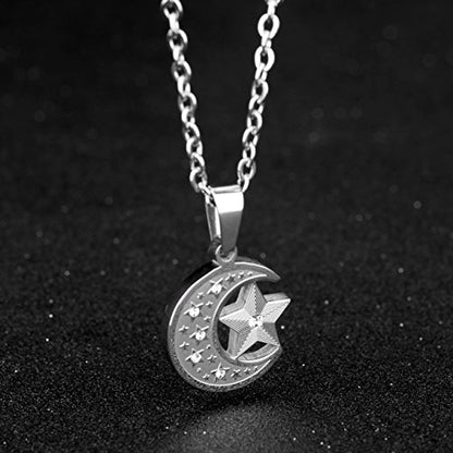 HIJONES Men's Stainless Steel Retro Islamic Crescent Moon Pendant 20 Inch | Star Charm, Necklace