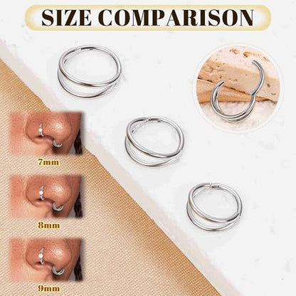 4PCS 18G 20G Surgical Steel Nose Ring Hoop for Women Men Hinged Double Nose Hoop CZ Opal Clicker Septum Nose Hoops Cartilage Conch Tragus Rook Ring Lip Daith Piercing Jewelry Gold Silver 7-9MM - color: Silver, size: 18G-7mm (Relatively Small)
