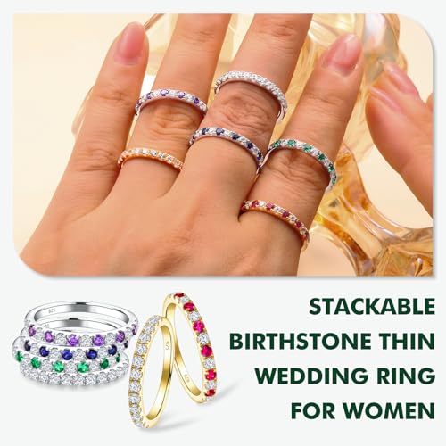 Birthstone Rings Eternity Band 925 Sterling Silver/Yellow Gold-Plated Created Gemstone Stackable Wedding Band 2.7mm Thin Half Eternity Rings for Women Size 6 to 10 - color: 04-CZ-Apr.