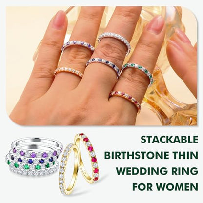 Birthstone Rings Eternity Band 925 Sterling Silver/Yellow Gold-Plated Created Gemstone Stackable Wedding Band 2.7mm Thin Half Eternity Rings for Women Size 6 to 10 - color: 09-Sapphire-Sep.