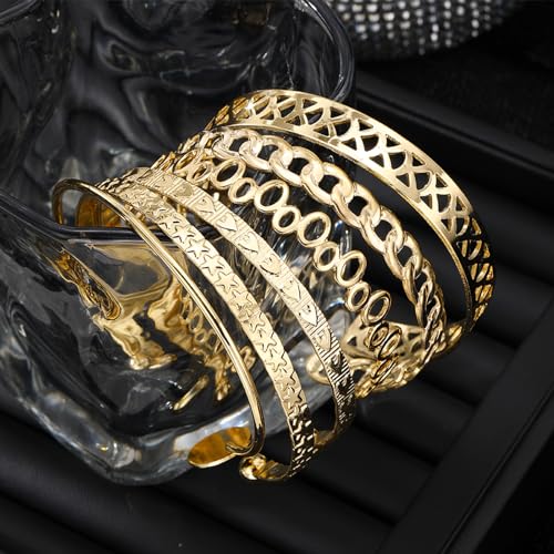 IFKM Gold Bangle Bracelets For Women, 14k Gold Plated Multi Layer Stackable Cuff Bracelet Set, Trendy Elegance Charms Non Tarnish Minimalist Textured Boho Jewelry Gift for Women - style: 6pcs Hollow love five-pointed star