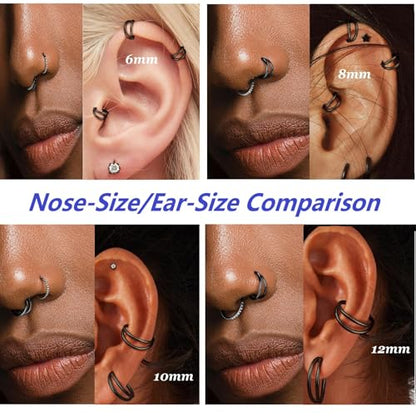 Nose Rings Hoops - 316L Surgical Steel Double Hoop Nose Rings Hinged Conch Piercing Jewelry Septum Lip Rings Cartilage Earring Helix Rook Tragus Daith - color: black-1