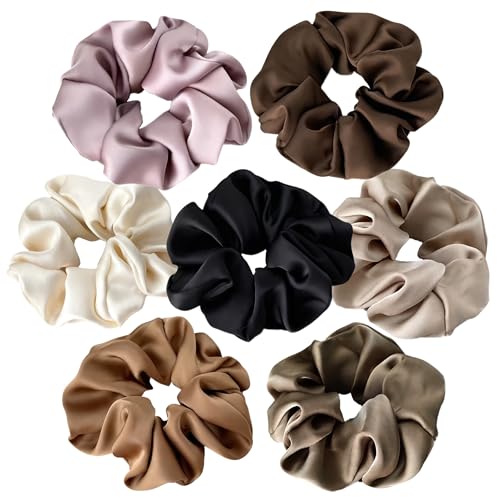 7 Pcs Satin Scrunchies Soft Hair Ties Fashion Hair Bands Elastic Bracelets Ponytail Holders Hair Accessories for Women Girls (4.7 Inch, Neutral Color)