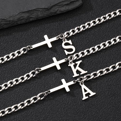 Cross Cuban Link Bracelets for Men Initial A - Z Faith Cross Bracelets, Stainless Steel Fashion Initial Charm Chain Bracelet Religious Jewelry Gift for Men - color: Silver B