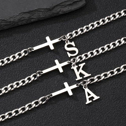Cross Cuban Link Bracelets for Men Initial A - Z Faith Cross Bracelets, Stainless Steel Fashion Initial Charm Chain Bracelet Religious Jewelry Gift for Men - color: Silver B
