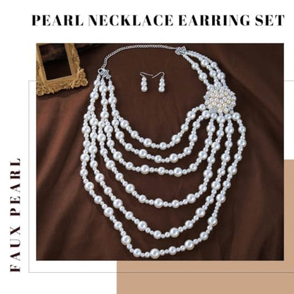 Gangel Pearl Necklace Earring Set Faux Layered Pearls Necklaces Bridal Wedding Jewelry Multi Strand Pearl Necklace for Women