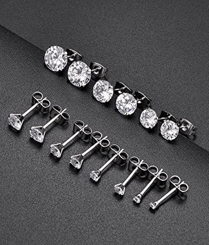 7 Pairs 18G 20G Stainless Steel Stud Earrings Round Cubic Zirconia Barbell Earring Set For Men Women 2MM-8MM Silver Tone - style: D:7 Pairs,Butterfly Backs,18G