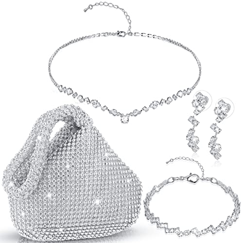 4 Pcs Silver Clutch Purse Jewelry Set for Women Rave Accessories Evening Rhinestone Purse Silver for Bride Wedding - style: Cute Style