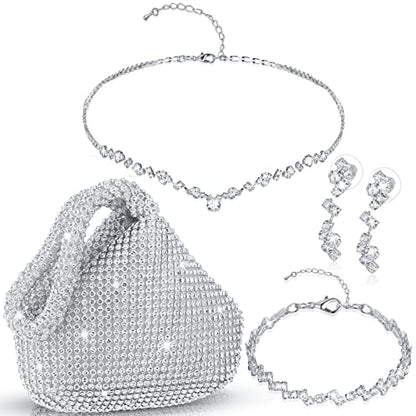 4 Pcs Silver Clutch Purse Jewelry Set for Women Rave Accessories Evening Rhinestone Purse Silver for Bride Wedding - style: Cute Style