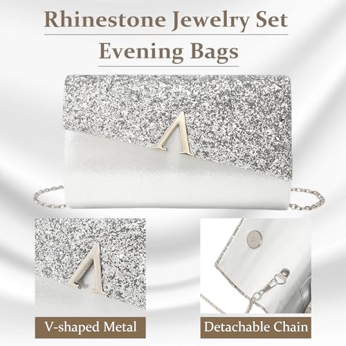 YYW 4 Pieces Women Evening Handbags Clutch Purse Bag with Rhinestone Crystal Jewelry Set for Wedding Party - color: silver 2