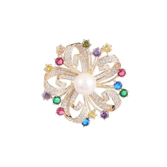 14K Gold Floral Wreath Brooch with Lustrous Pearls, Crystal-Embedded Vine Design, Premium Jewelry Accessory for Coats & Special Outfits, Elegant Gift for Women - color: Style1,Colorful