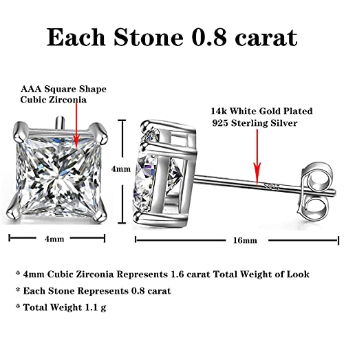 925 Sterling Silver Stud Earrings 4 Prong Princess Cut Square Cubic Zirconia Ear Stud for Women Men CZ 4mm-7mm - style: White Gold--1.60cttw (4mm)
