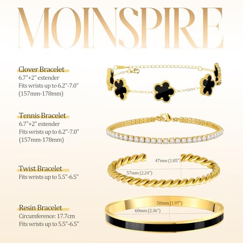 MOINSPIRE Gold Bracelets for Women, 18K Gold Plated Tennis Nail Clover love Bangle Bracelets Set Non Tarnish, Stainless Steel Trendy Stackable Bracelet Fashion Jewelry Accessories Gifts for Christmas - color: B2-Black