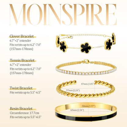 MOINSPIRE Gold Bracelets for Women, 18K Gold Plated Tennis Nail Clover love Bangle Bracelets Set Non Tarnish, Stainless Steel Trendy Stackable Bracelet Fashion Jewelry Accessories Gifts for Christmas - color: B2-Black