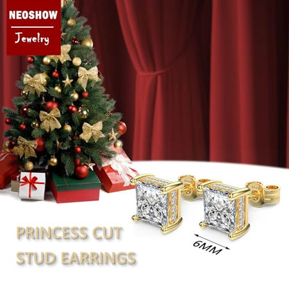 Princess Cut Cubic Zirconia Stud Earrings for Men Women | Square CZ Simulated Diamond Studs, 18K White Gold Plated Sterling Silver, Hypoallergenic - color: Gold, size: 6MM
