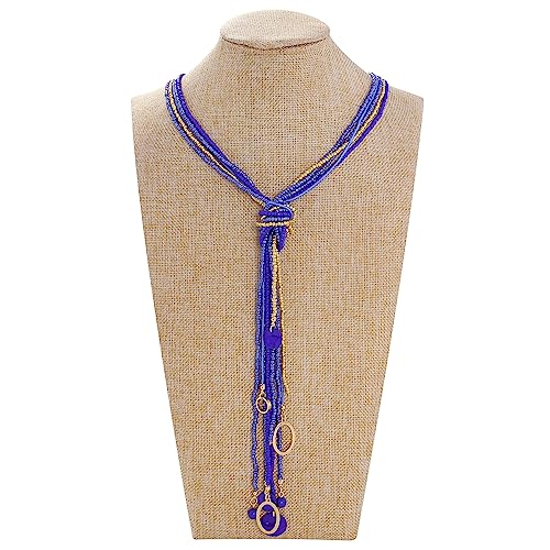 Coiris Long Seed Beaded Multi Strand Necklace,10 Multiple Statement Long Bib Necklace with Tie Knot for Women and Girls Jewelry - color: Royal Blue