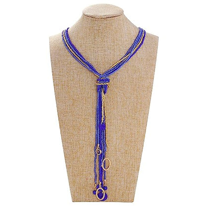 Coiris Long Seed Beaded Multi Strand Necklace,10 Multiple Statement Long Bib Necklace with Tie Knot for Women and Girls Jewelry - color: Royal Blue
