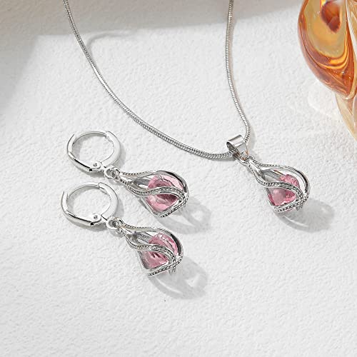IFKM Silver Jewelry Sets for Women Rhinestone Crystal CZ Bridal Bridesmaid Accessories Necklace Earrings set for Wedding Prom Anniversary Birthday Gifts - color: Pink