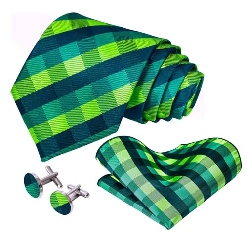 5PCS Mens Silk Tie, Pocket Square, Cufflinks, Drilled Tie Ring and Lapel Pin Set for Wedding Groom Party - color: Green Tie Set -250