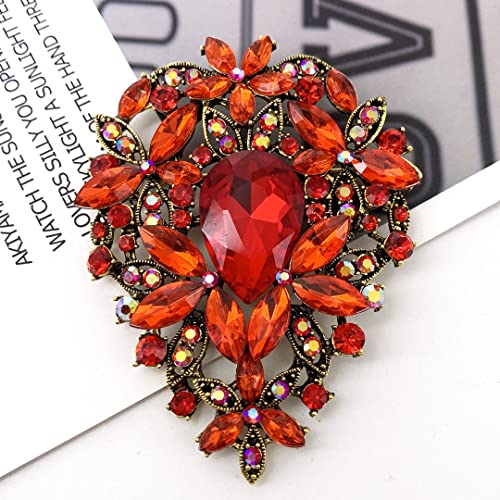 SELOVO Leaf Bouquet Scarf Big Brooch Pin Broach Crystal Jewelry - color: Red