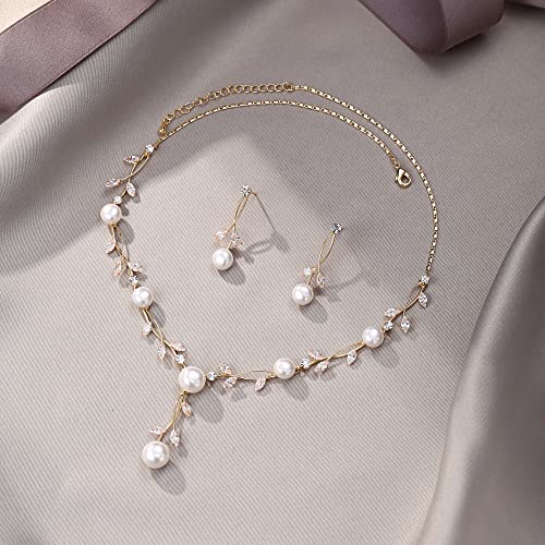 EVER FAITH Cubic Zirconia Pearl Leaf Vine Wedding Jewelry Set for Bride | Crystal Filigree Bridal Necklace Earrings, for Women Bridesmaid - color: 2pcs_Clear Gold-Plated-Brass