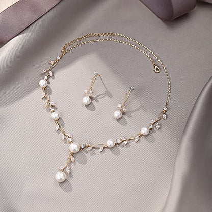 EVER FAITH Cubic Zirconia Pearl Leaf Vine Wedding Jewelry Set for Bride | Crystal Filigree Bridal Necklace Earrings, for Women Bridesmaid - color: 2pcs_Clear Gold-Plated-Brass